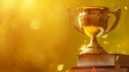 Golden Trophy Rests Atop Stack of Books, Illuminated by Warm Sunlight