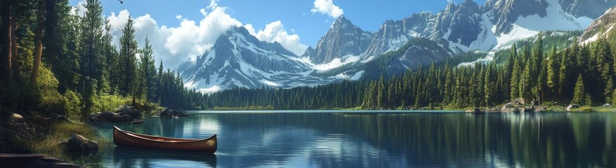 Obraz premium Serene Mountain Lake Canoe Scene Peaceful Wilderness
