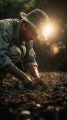 The Cycle of Life. Farmer planting seeds in the ground concept