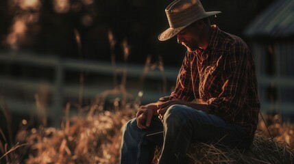Fototapeta premium Serene Farmer Contemplating Harvest. Tranquility and rural lifestyle concept