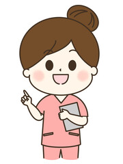 Obraz premium 指差しと笑顔のスクラブの女性のゆるかわイラスト