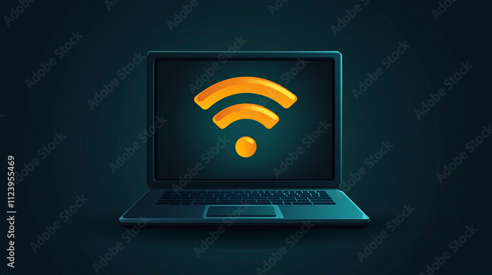 Poster laptop displaying a glowing wi-fi symbol in a dark setting