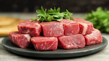 A plate of raw beef placed on a wooden board
