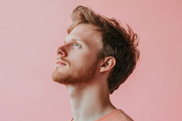 Fototapeta premium Thoughtful Young Man Gazing Upward Against a Soft Pink Background