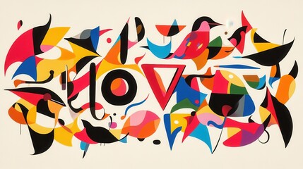 Obraz premium A modern abstract composition of freeform bird silhouettes and organic shapes, centered around the word 'Love', using bold colors with subtle shadows