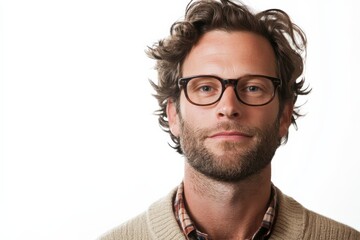Obraz premium Stylish Young Man with Glasses and Beard Posing Against a White Background