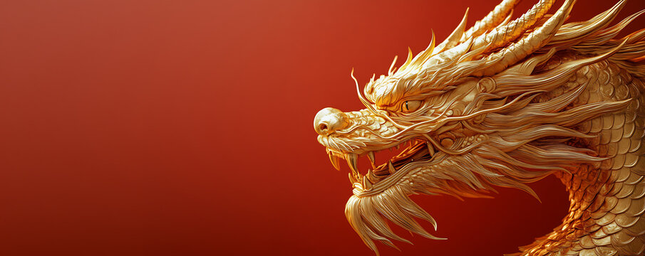 Golden Chinese dragon head with detailed scales on a red background. Symbol of strength and tradition in Asian culture. Background for design and print