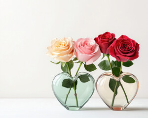 Fototapeta premium Three roses in heart-shaped vases showcase a beautiful floral arrangement, perfect for expressing love and appreciation.