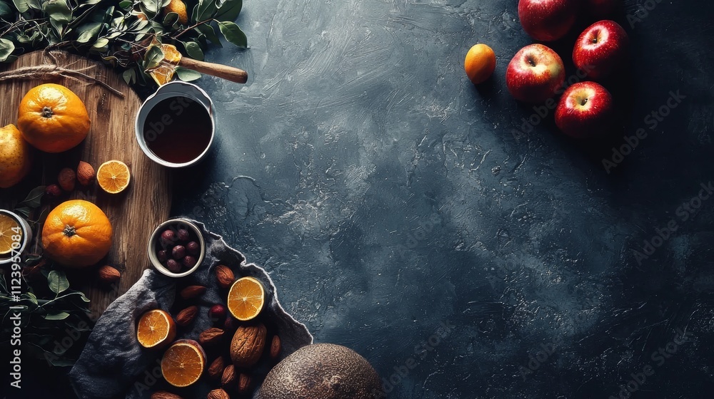 Poster flat lay of assorted fruits and nuts with rustic tableware