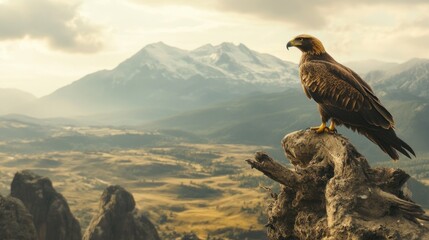 Golden Eagle Perched on a Mountaintop Overlooking a Valley