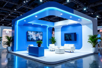 Modern exhibition booth with blue and white design, sleek furniture, and indoor plants at a trade show event, illuminated by bright lighting.