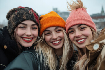 Fototapeta premium Friends enjoy a winter day together in the city