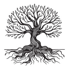 One continuous single drawing black line art doodle of a tree with twisting branches and roots