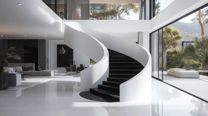 Modern minimalist home interior with a sleek black and white spiral staircase, large windows showcasing scenic views, and luxurious furnishings.