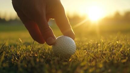 Hand picking up golf ball at sunset on green grass.