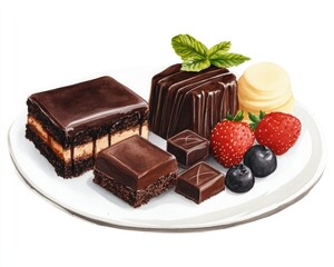 A tempting assortment of chocolate desserts garnished with fresh berries and a mint leaf, elegantly presented on a white plate.