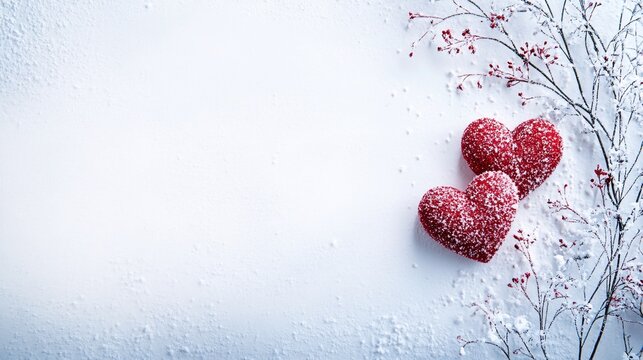 Two red heart love design on the right and snow background on red and white colors theme with copy space