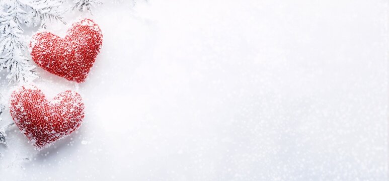 Two red heart love design on the left and snow background on red and white colors theme with copy space - Powered by Adobe