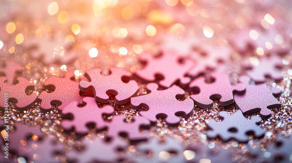 Poster colorful puzzle pieces scattered on a sparkling surface create an enchanting atmosphere