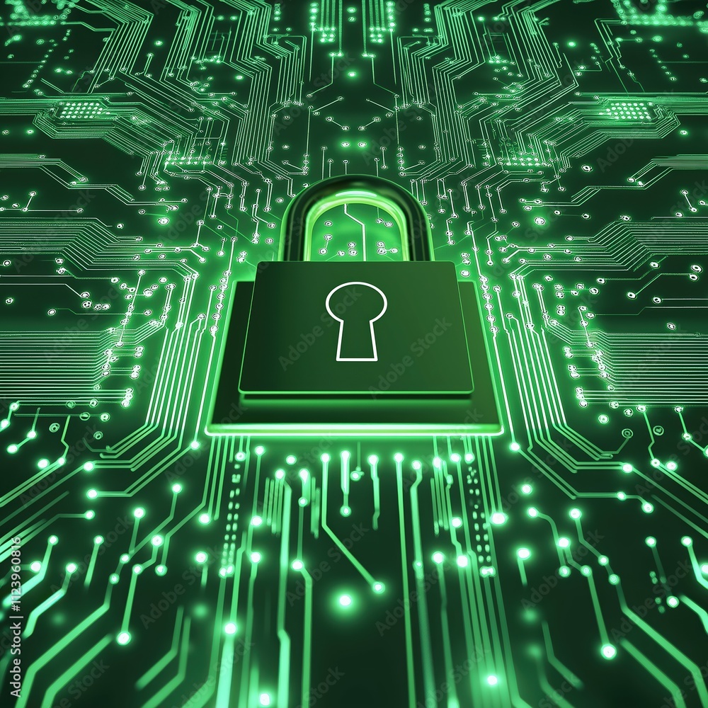 Poster digital padlock on a circuit board background representing cybersecurity and data protection