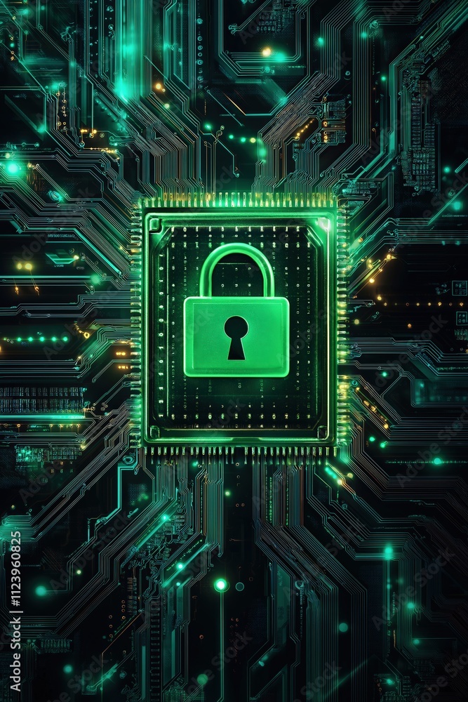 Poster digital security lock on a circuit board with glowing green lights in a technological setting