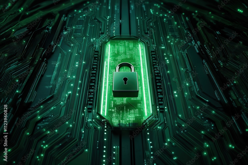 Poster secure digital lock surrounded by circuit board with glowing elements in a tech environment