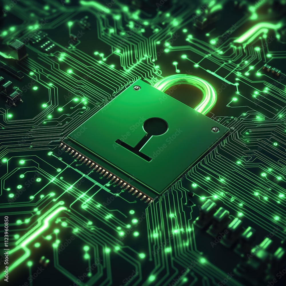 Poster digital security concept with a green lock on a circuit board illustrating data protection