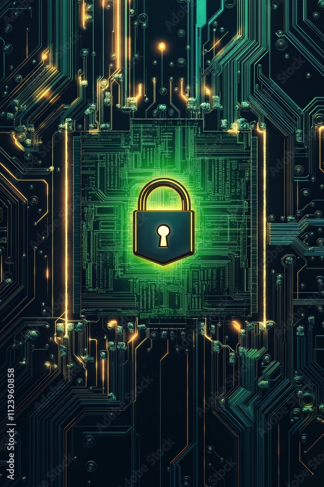 Poster secure digital lock surrounded by intricate circuit patterns in a virtual environment