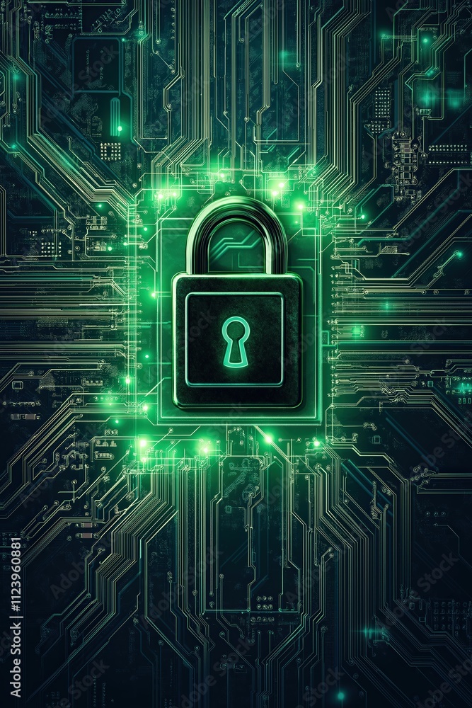 Poster digital lock symbol on a circuit board background with glowing elements