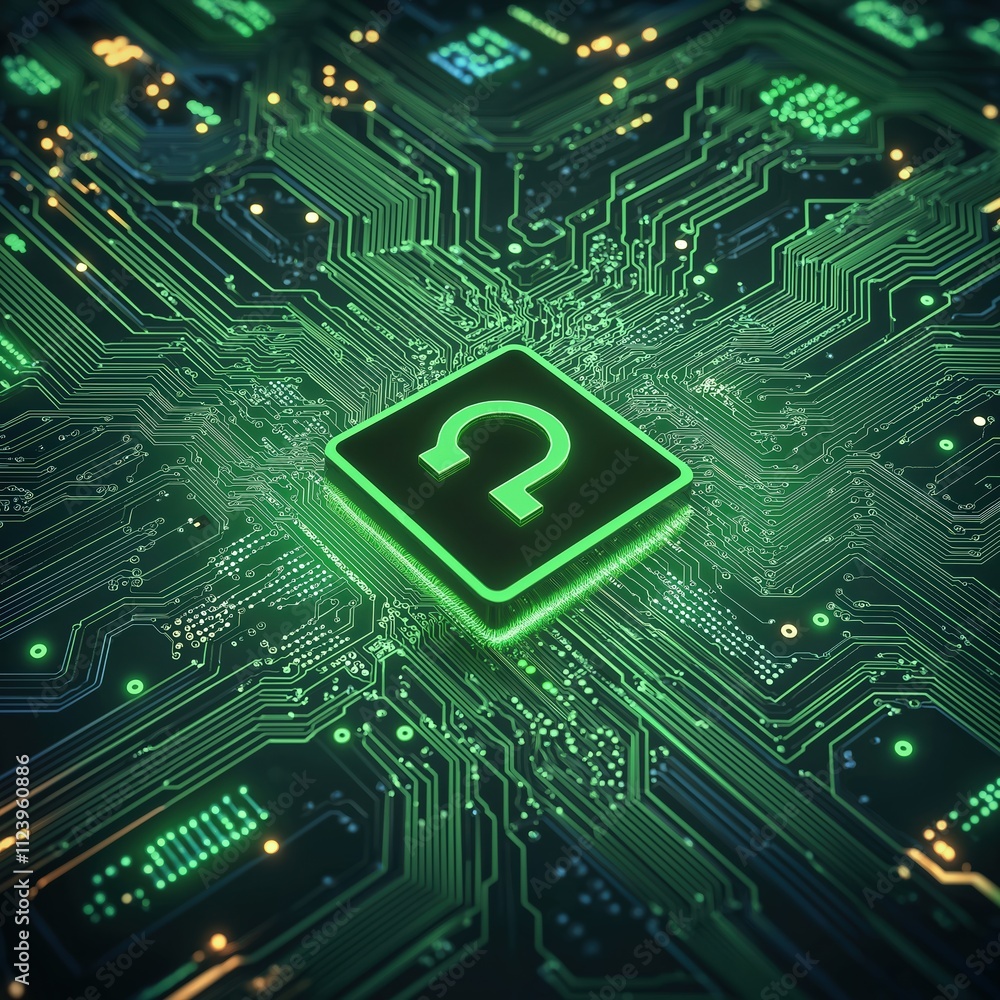 Aufkleber digital circuit board with glowing question mark symbol representing technology and mystery