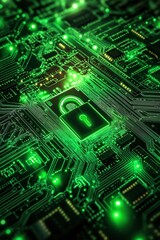 Green circuit board with digital lock symbol illustrating cybersecurity technology