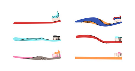 Collection of toothbrushes and toothpaste on a white background. Dentistry concept, oral care. Different toothbrushes designs with different paste. Teeth cleaning accessories. Colorful vector set
