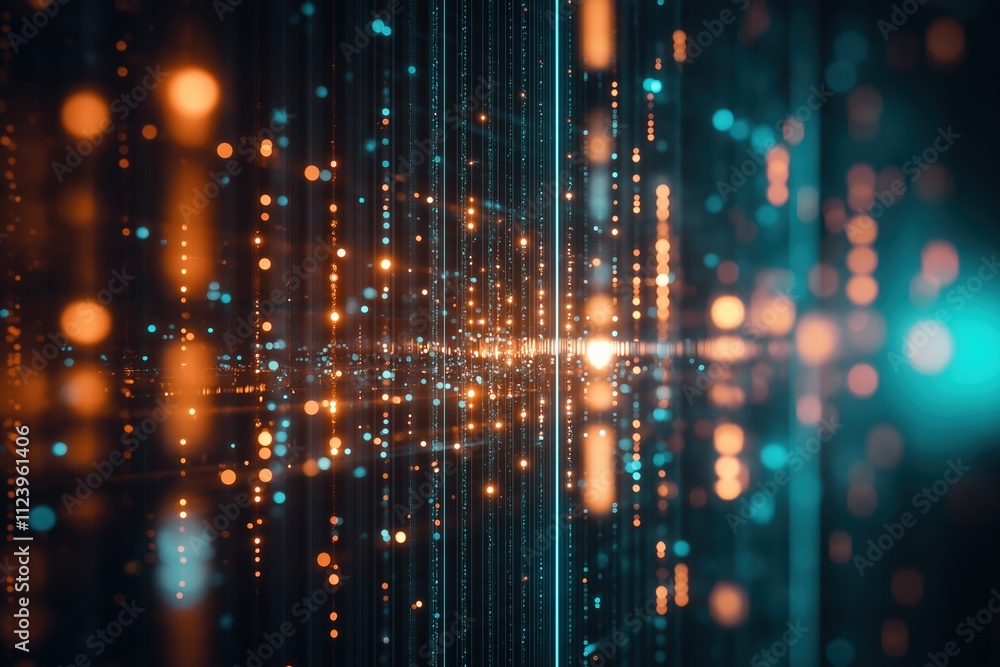 Poster intricate patterns of glowing particles create a vibrant digital landscape