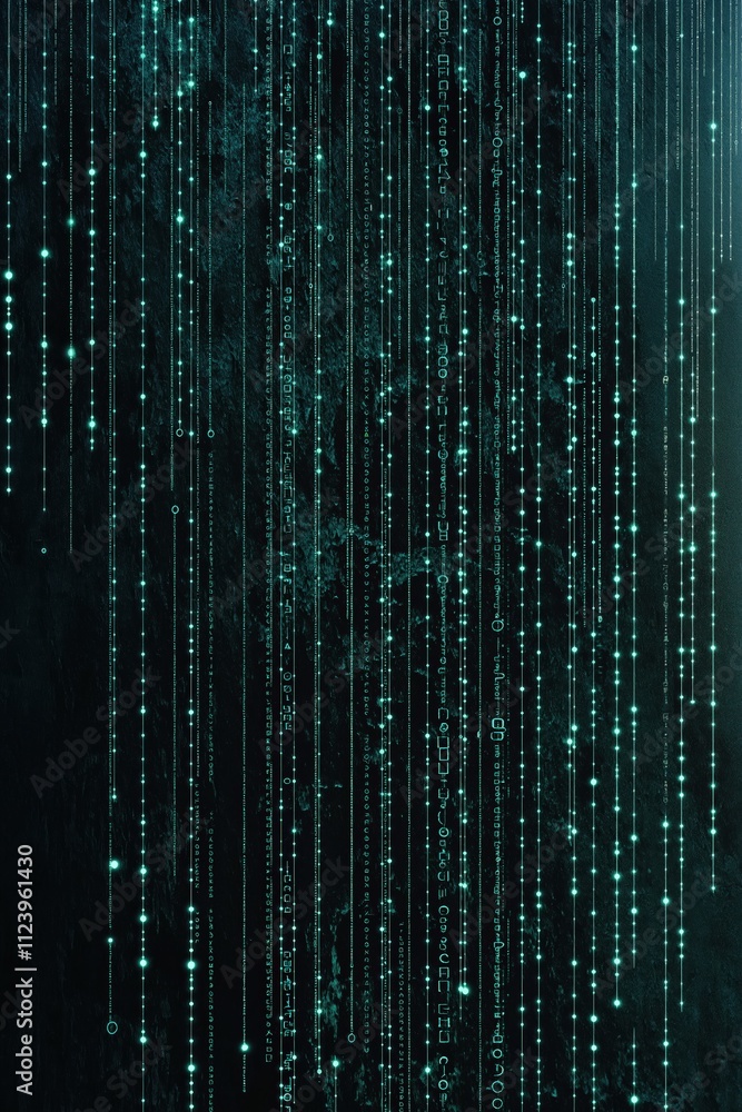 Poster digital matrix display with cascading green lights and abstract patterns in dark background