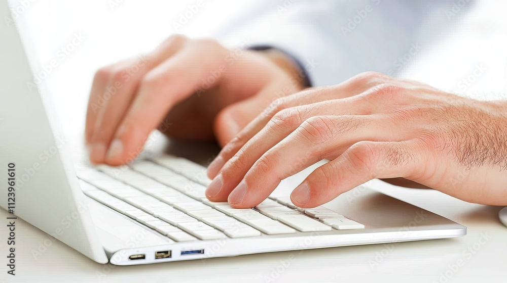 Poster close-up of hands typing on a modern laptop keyboard with soft focus background in a bright work env