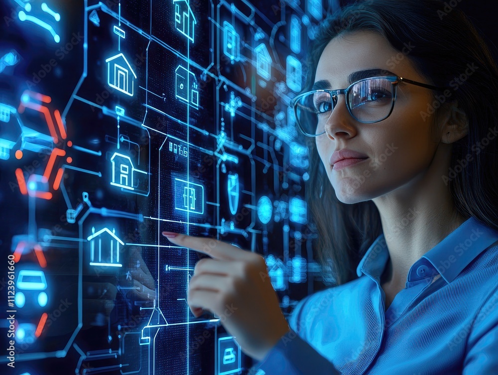 Poster woman using interactive digital interface with smart home and technology visuals in a modern office 
