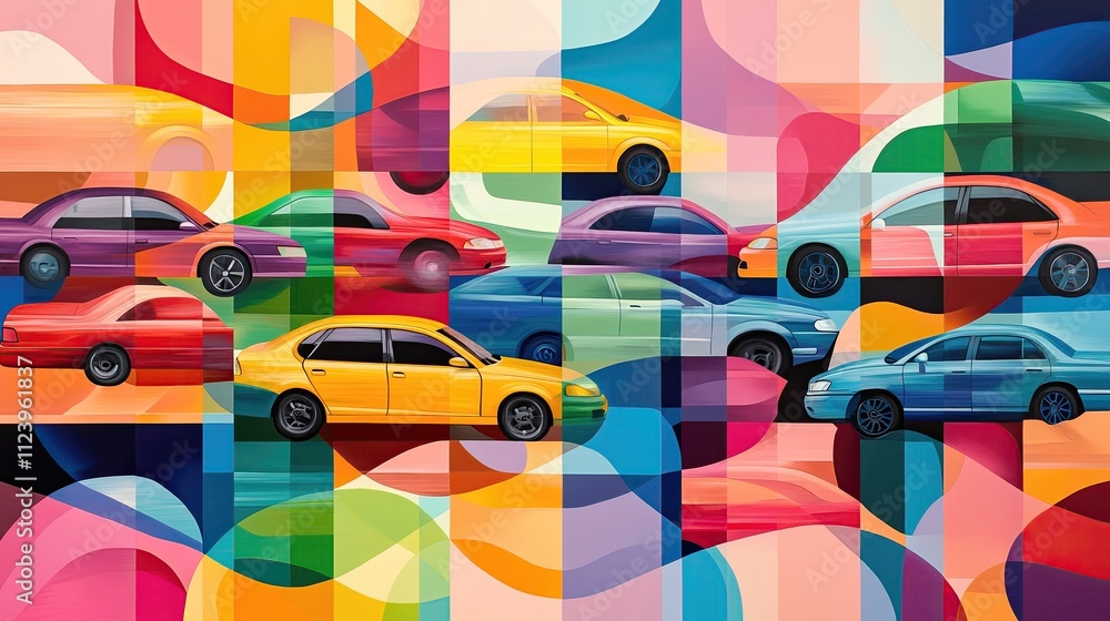 Poster Vibrant Abstract Artwork Featuring Colorful Cars in Dynamic Composition with Geometric Patterns and Bright Backgrounds