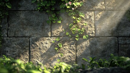 Sunlit stone wall with climbing plants and greenery.