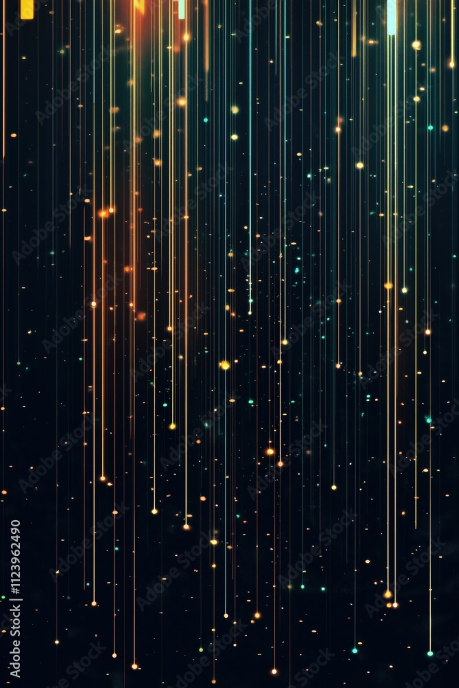 Poster colorful vertical lines and dots create a vibrant abstract art display in a dark background