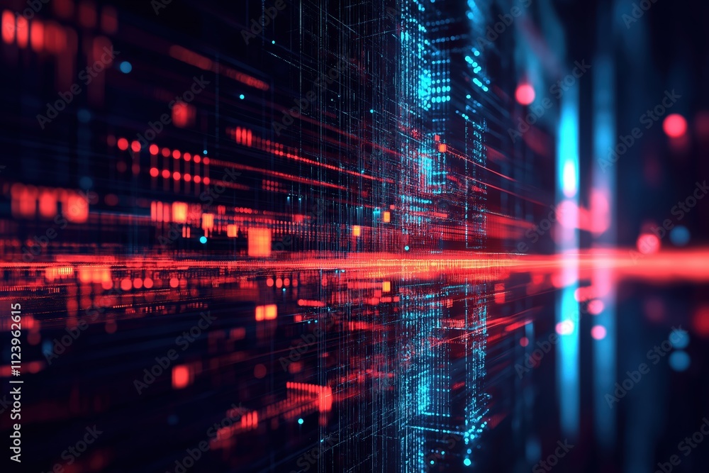 Poster dynamic abstract data visualization with vibrant blue and red light patterns