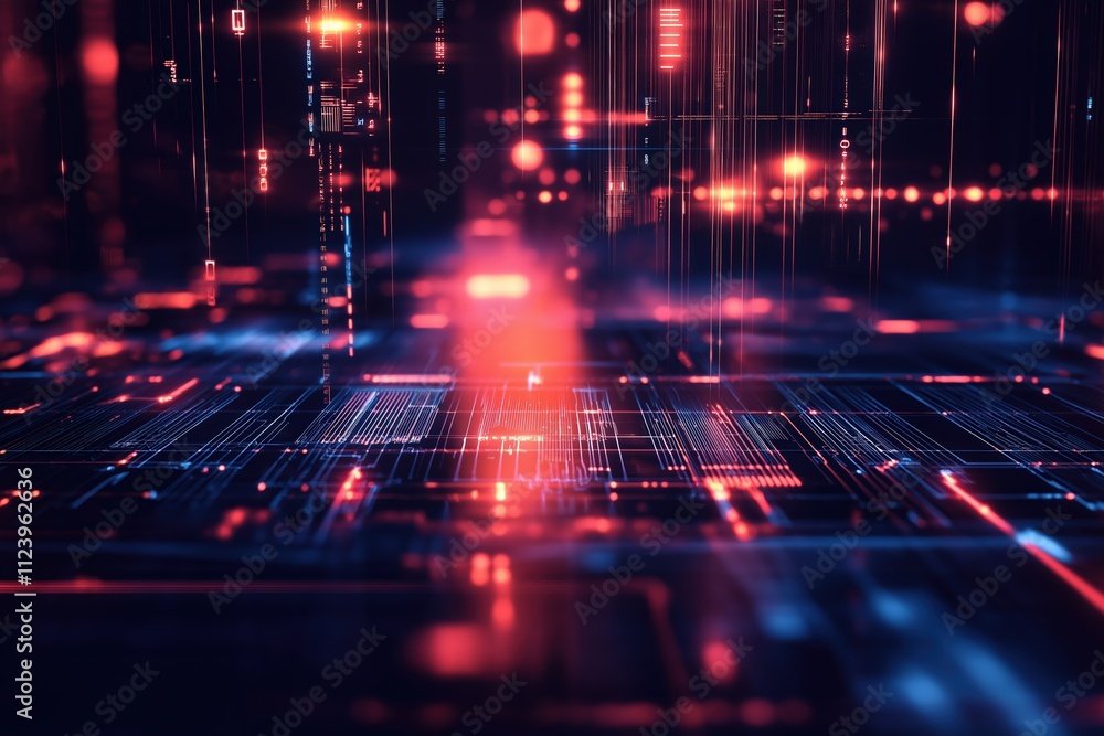 Poster Digital abstract landscape with glowing lines and data patterns in a futuristic setting