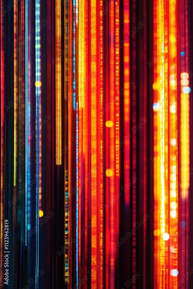 Poster vibrant light patterns illuminate a vertical display of colorful streaks in a dynamic arrangement