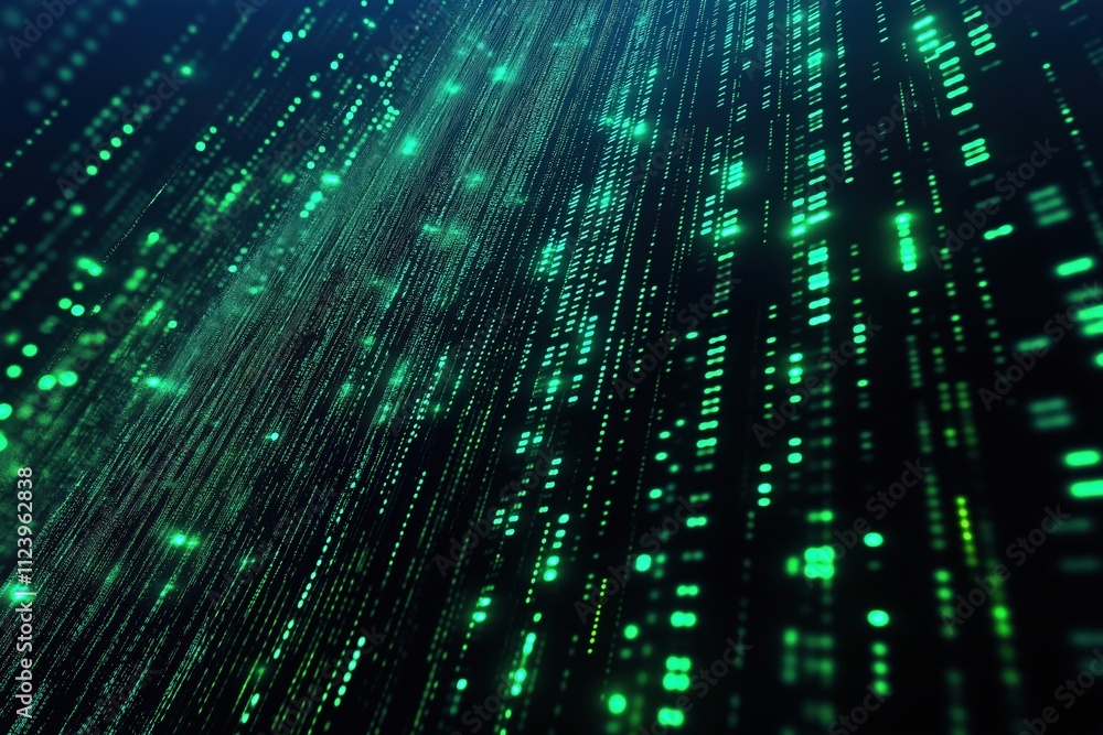 Poster digital green data flows through a futuristic network in a dark setting