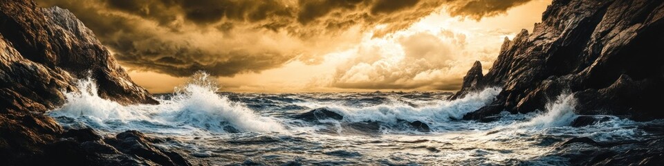Obraz premium Dramatic Ocean Waves Crashing Against Rocky Cliffs During Sunset