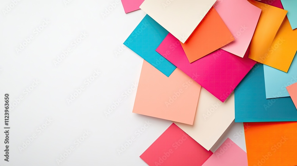 Poster colorful stacked paper sheets on white background with space for text or graphics in creative design