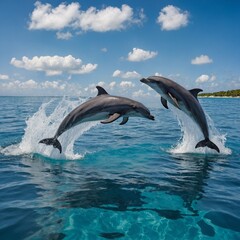 Obraz premium A playful group of dolphins jumping out of crystal-clear ocean water.