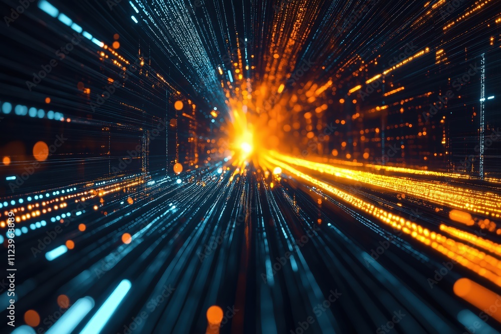Poster abstract representation of digital light trails in a futuristic space environment
