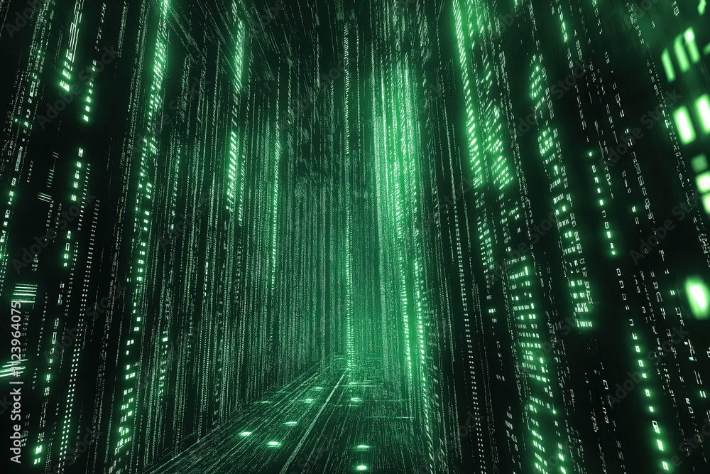 Poster digital matrix of green symbols creating a futuristic technological environment