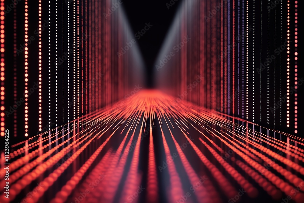 Poster visual representation of data processing through red and black digital lines