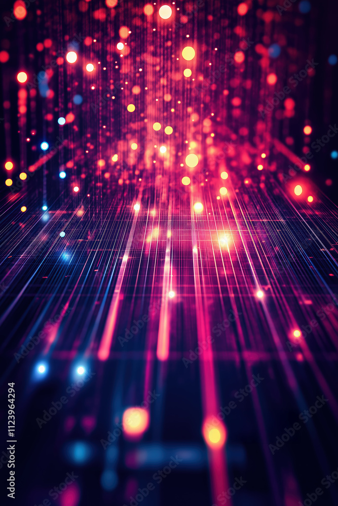 Poster colorful light trails create a mesmerizing abstract background with glowing dots at night
